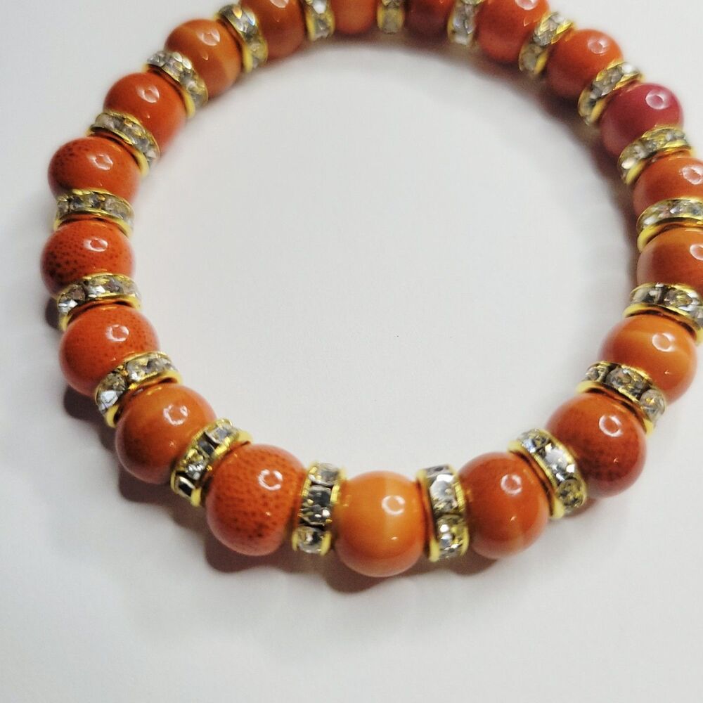 NWT Artisan Made Pumpkin Pie Spice Color Ceramic Stretch Bracelet w/ Rhinestones
